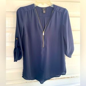 Rue 21 Navy Gold Zipper Roll Tab Sleeve Blouse Top Size S